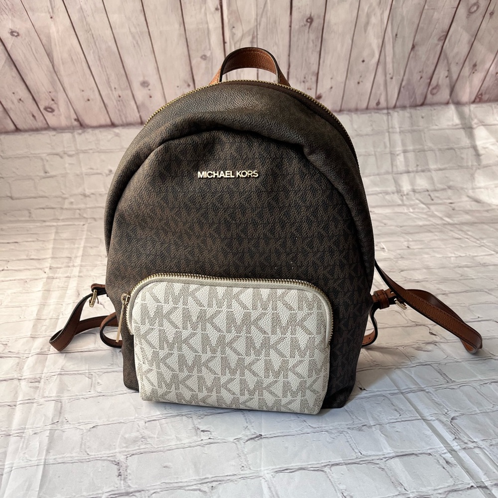 Michael Kors Erin Medium Backpack PVC Leather MK Signature Vanilla Brown